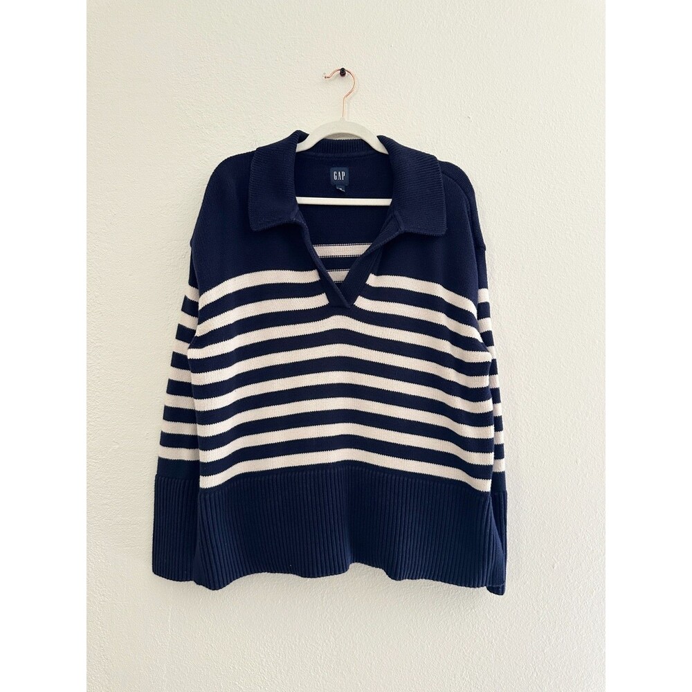 Gap V-Neck Nautical Rugby Stripe 100% Cotton Sweater Navy Blue White Women's M